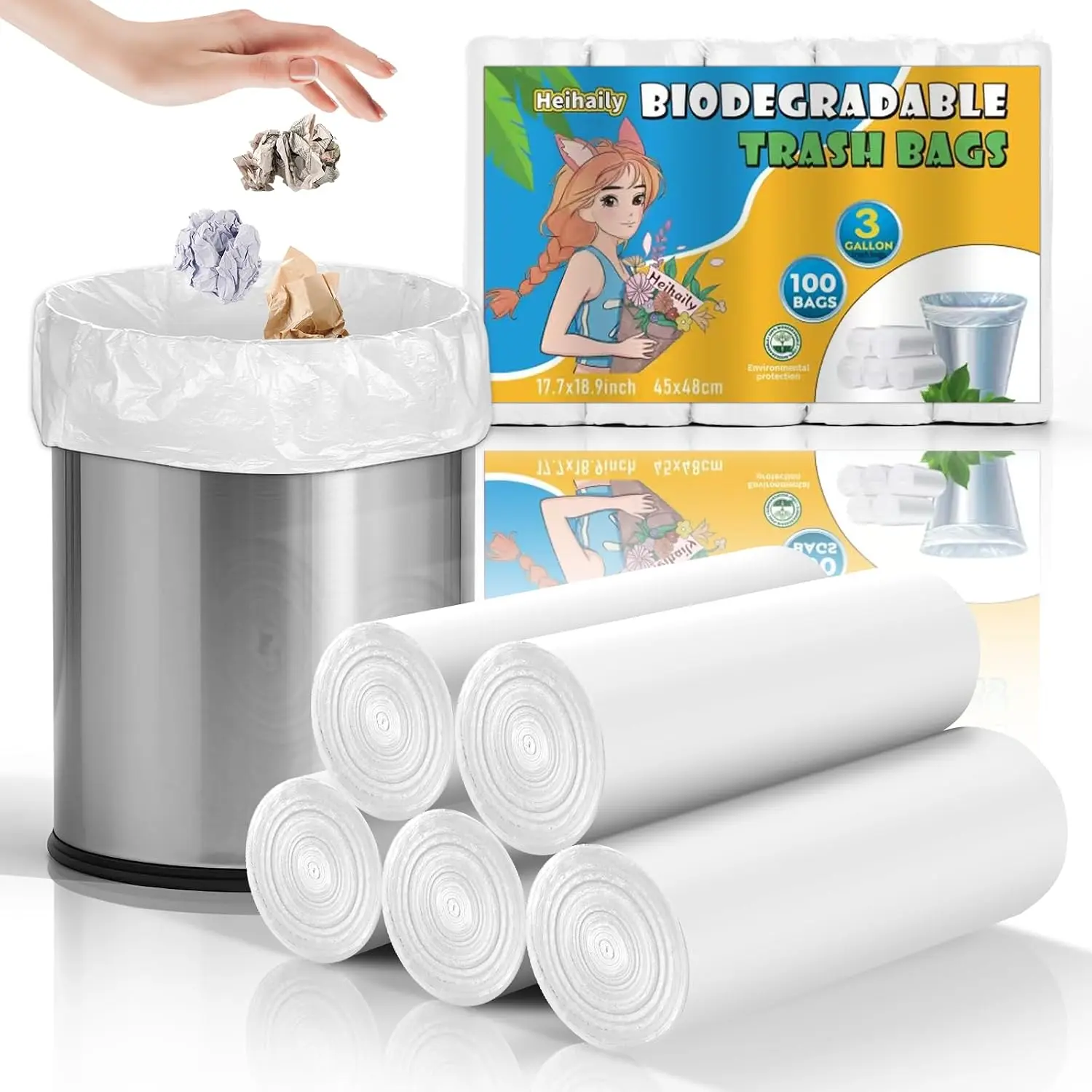 3 Gallon Small Biodegradable Trash Bags -  Clear White 100 Count Waste Basket Liners Strong Thick Recyclable Compostable Garbage Bag for Kitchen Bedroom (Unscented, 5 Rolls)