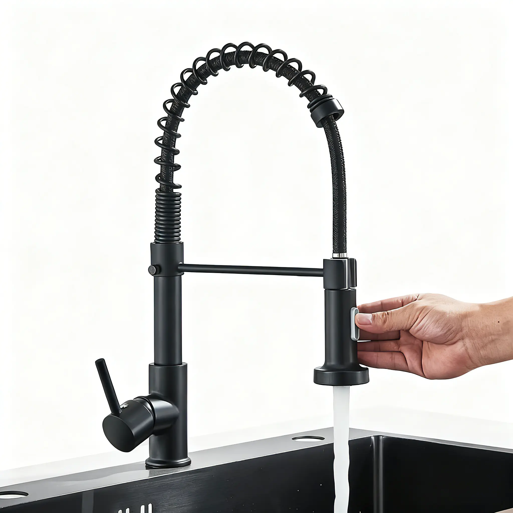 Matte Black Kitchen Faucet - 360° Rotatable Rotary Faucet with Pull-Out Sprayer, Pull Out Tap, Hot and Cold Water Mixer