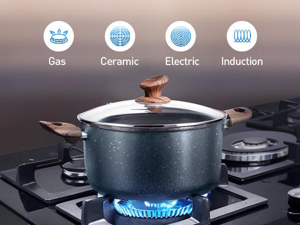 [New Colors] Kitchen Academy 12 Piece Nonstick Pots and Pans Set, Non Stick Induction Cookware Set, Kitchen Cooking Set, Frying Pans Saucepans, Silicone Steel Aluminium Glass Lid Stove