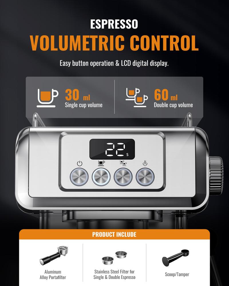 SHARDOR Espresso Machine 20 Bar with Milk Frother Steam Wand, Professional Latte & Cappuccino Maker for Home, 60 Oz Water Tank, Temperature Display, Stainless Steel, 1350W Coffee Making Machine Single Cup Brew