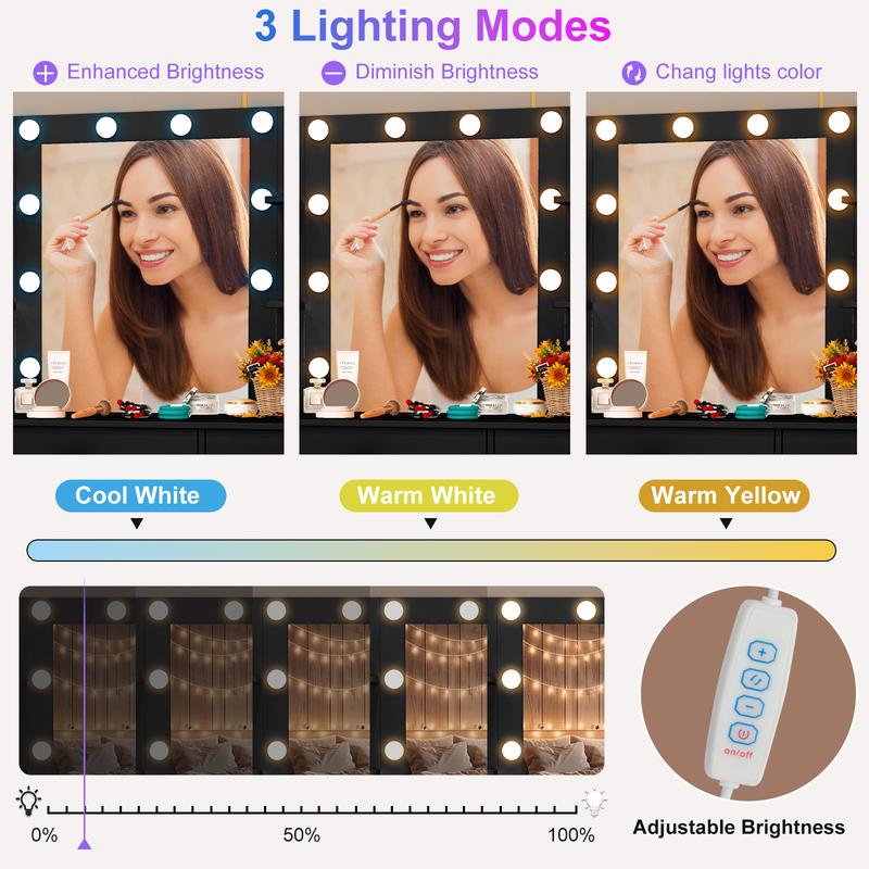 Black LED Dressing Mirror Makeup Table Bedroom Vanity Unit Set with 7 Drawers