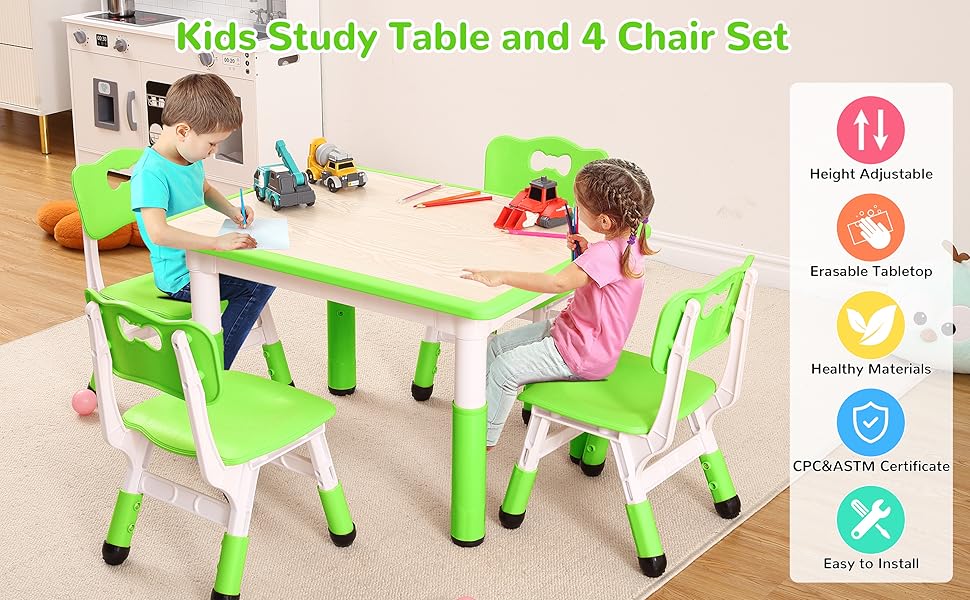 GARVEE Adjustable Table and Chairs Set for Ages 2-10, 4-Seat Desk with Graffiti Desktop, Non-Slip Design, Supports Up to 300lbs, Perfect for Classrooms, Daycares, and Home Use in Green, Light Blue, Beige, and Grey. GARVEE Adjustable Table and Chairs Set for Ages 2-10, 4-Seat Desk with Graffiti Desktop, Non-Slip Design, Supports Up to 300lbs, Perfect for Classrooms, Daycares, and Home Use in Green, Light Blue, Beige, and Grey.