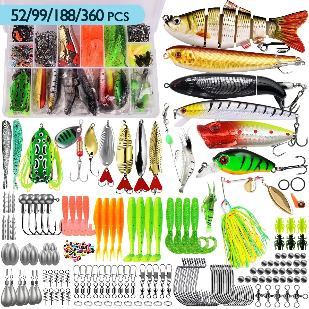 52/99/188/360-Piece Fishing Lure Set, Artificial Lures, Fishing Equipment, Fishing Gear Supplies, Outdoor Fishing Supplies, Assorted Spoon Lures and Soft Plastic Worms for Bass, Trout and Salmon, Complete Fishing Tackle Kit for Men