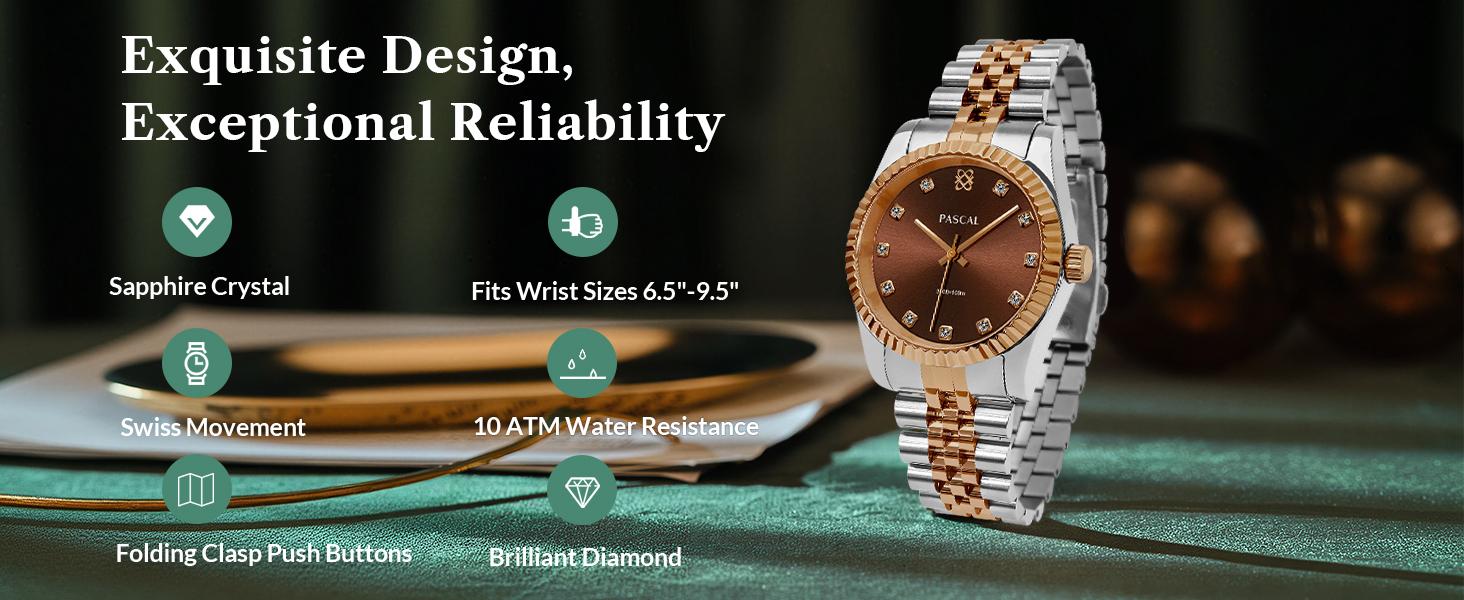 PASCAL Timeless Classic Gold Watch for Women & Men 31mm & 36mm with White Lab-Grown Diamonds Swiss Ronda 763 Quartz Movement Stainless Steel Bracelet Everyday Luxury Gift