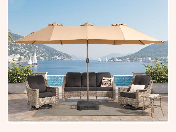 [March Clearance Price] OOSWIFT 14.5 ft Large Patio Umbrella with Solar LED Lights & Base, Extra Large Outdoor Twin Umbrella w/36 Lights, for Patio Garden Pool Lawn Backyard, Base Included, Sunshade Canopy