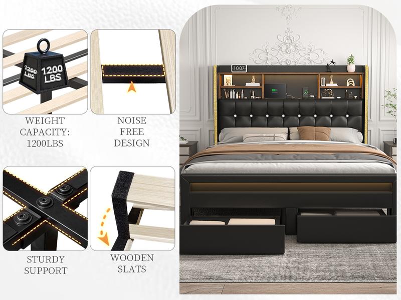 California King Bed Frame with Bookcase Storage Headboard and 2 Drawers, 52" Ultra-High LED Bedframe with Charging Station, Linen Upholstered Crystal Button Tufted Wingback Beds with Footboard,Black/White/Cream/Gray