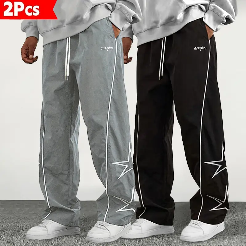 Men's Fashion Loose-Fitting Activewear Trousers - New Spring Grey Baggy Star-Printed Pants, Contrast Binding, Comfortable Breathable Fabric, Drawstring Belt, Machine Washable, All Seasons for Daily Casual Wear