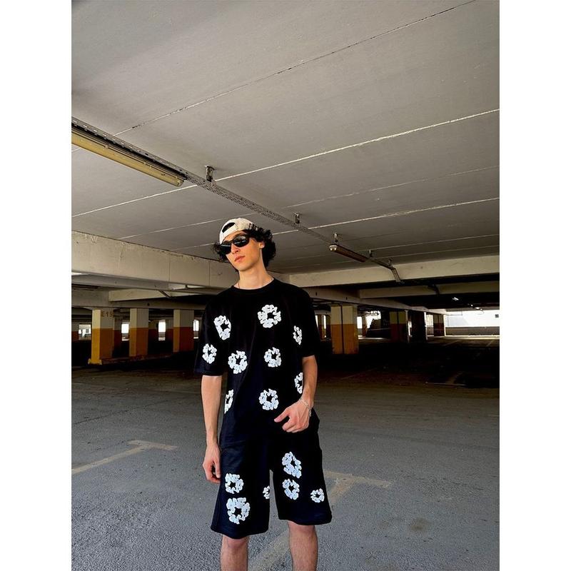 Denim Tears  Kapok Foam Print Men's & Women's American High Street Loose Shorts | Brand New 3D Cotton Wreath Print Shorts | Floral Pattern Drawstring High-Waist Casual Pocket Shorts