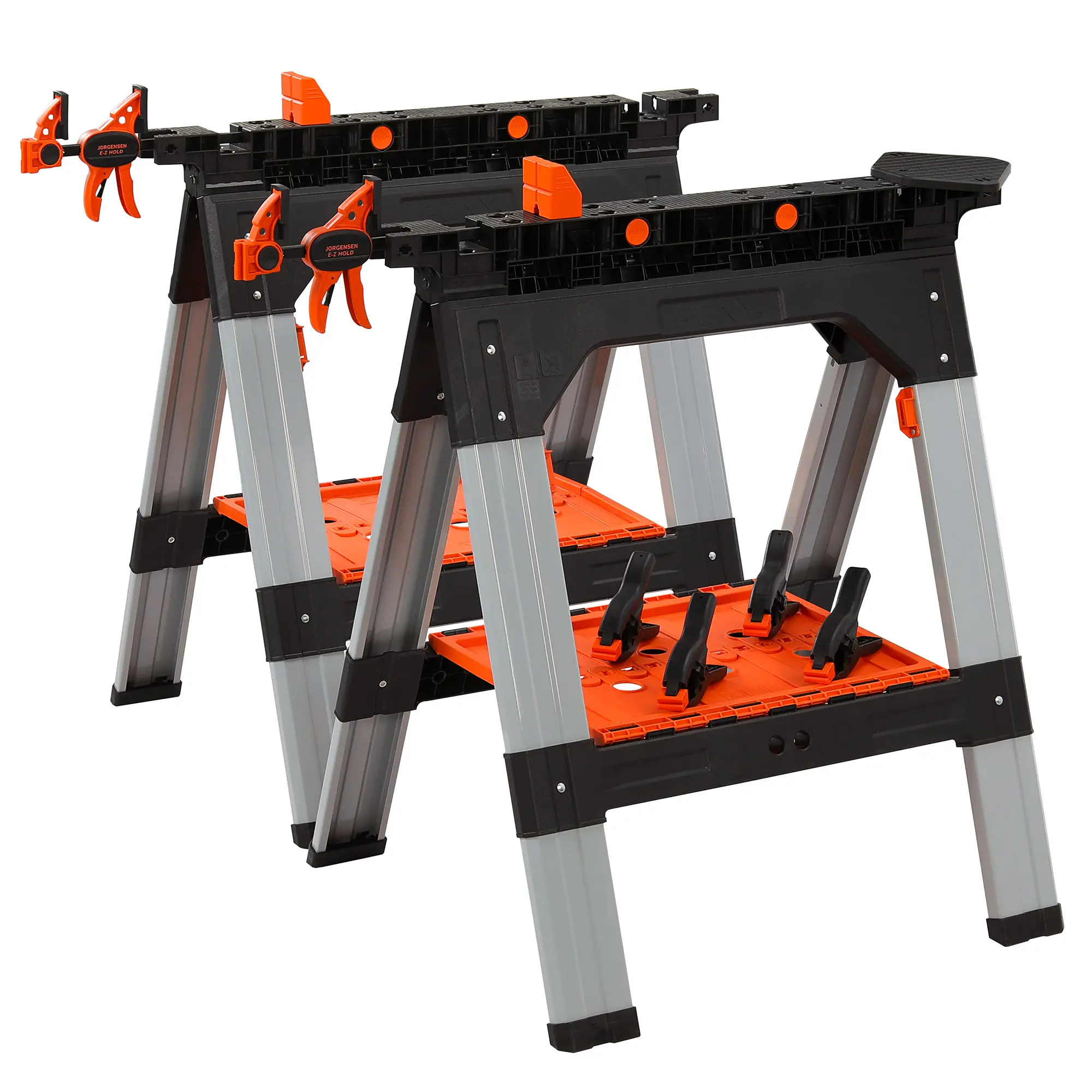 #BacktoSchool PONY 2-Pack Clamping Sawhorses, 1200 LBS Load Capacity, 30-3/4" Folding Sawhorse with 12” F Clamps, Bench Dogs, Angle Clamps, 2" Spring Clamps, Steel Legs, Heavy Duty for Woodworking