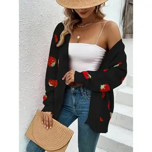 [Strawberry Pattern Cardigan] Plus Size Women's Strawberry Pattern Cardigan - Casual Long Sleeve, Open Front, Black Knit Outerwear for Fall/Winter