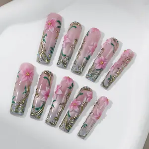 3D Pink Flower Press On Nails: XL Long Square Metal Accent Nails