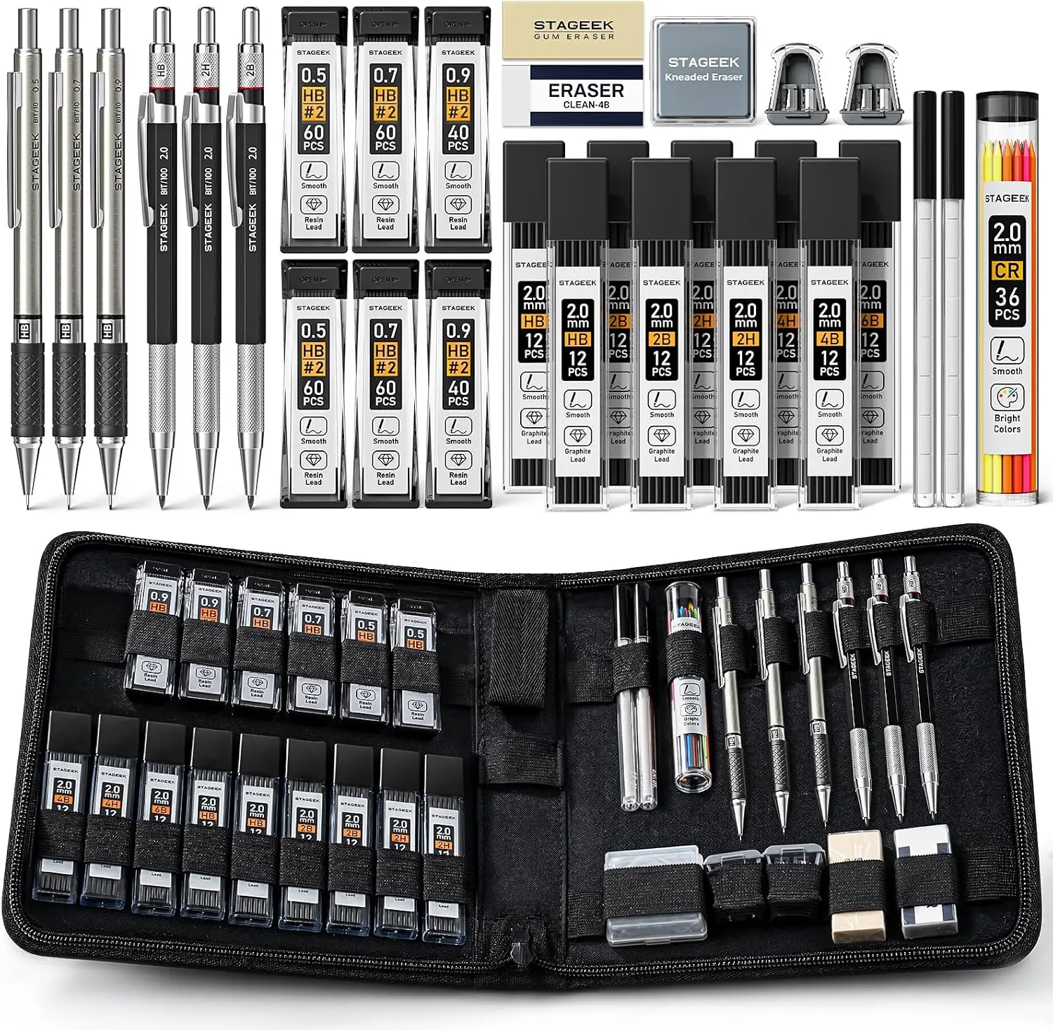 STAGEEK Drawing Pencil Set with Canvas Bag 30 Count, Mechanical Pencils 0.5, 0.7, 0.9MM & 3PCS 2MM Sketch Pencils with 464PCS Lead Refills (6B 4B 2B HB 2H 4H Color) for Artist Drafting Drawing