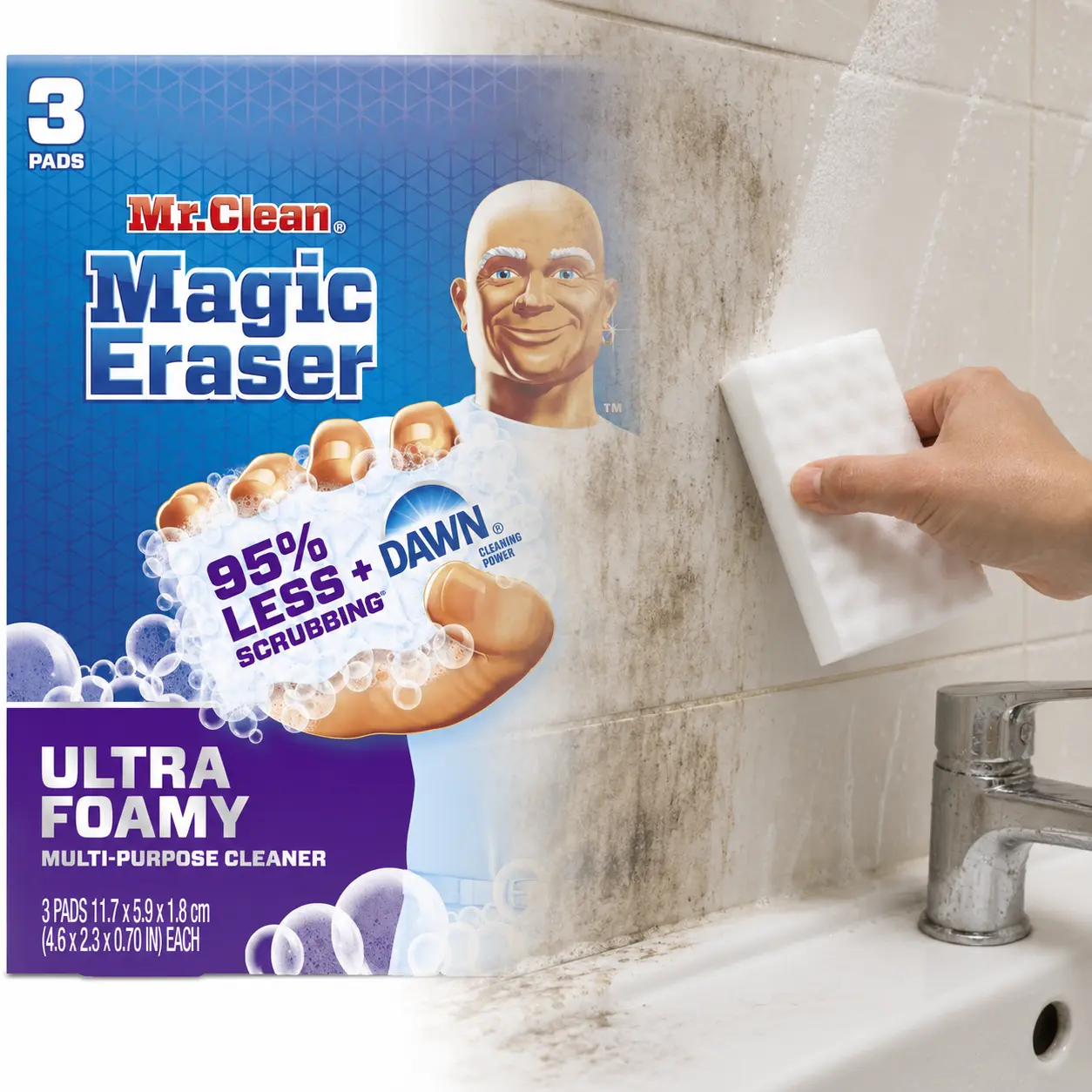 Mr. Clean Magic Eraser Ultra Foamy Multi-Purpose Cleaner 3 ct,Dawn's cleaning power,less scrubbing,grease,sticky messes,microwave,bathtub rings,greasy counters,glass stovetops,patio furniture,permanent marker,wine marks,shoe care,wall care,micro scrubbers