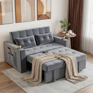 3-In-1 Convertible Sofa Bed, Velvet Loveseat Sleeper with Put Out Bed and Adjustable Backrest, Sofa Bed Couch with Cup Holders, Side Pockets, USB Ports and 2 Pillows, Grey Sofa Sleeper for Living Room