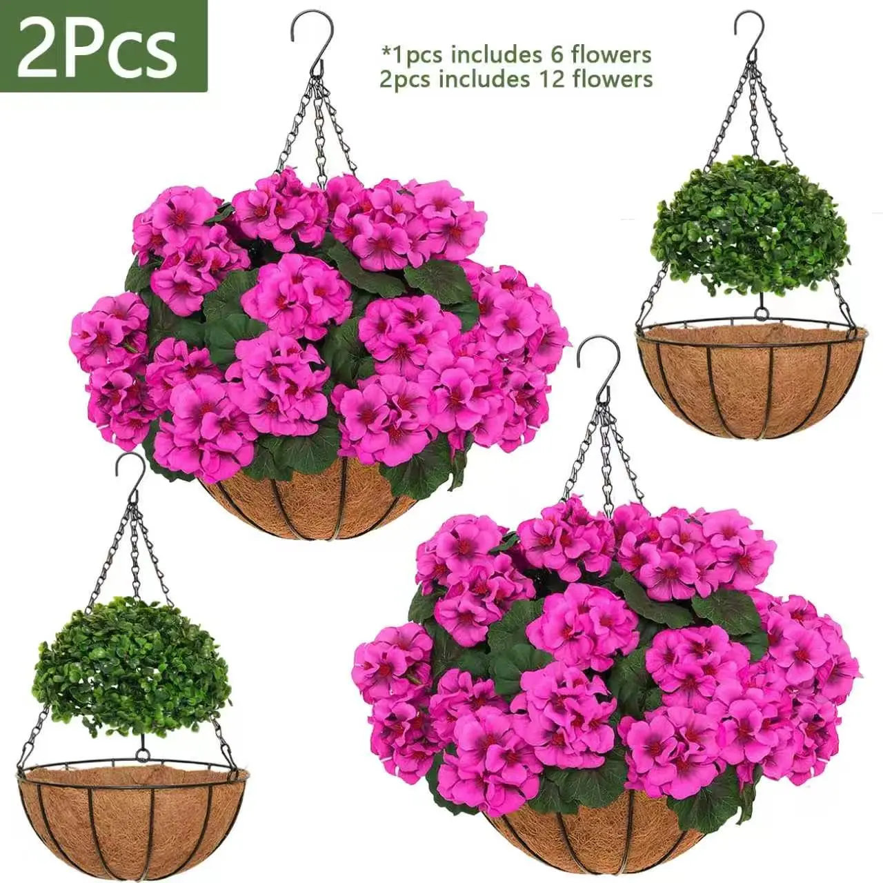 2Pcs Artificial Geraniums Hanging Baskets, 12 Bundles UV Resistant Faux Red Flower Plants, Silk Material Everlasting Floral Arrangement, All Seasons Indoor Outdoor Decor for Front Porch, Home, Patio, Balcony and Yard homeessentials