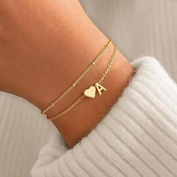 Women's Layered Heart Initial Bracelet Sets - Adjustable Matching Heart, Letter Link, Exquisite Fashion Costume Jewelry, Birthday Christmas Gift, Matching Heart Bracelets