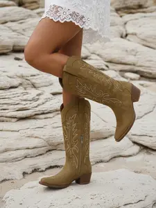 Quorvash Women's Cowboy Boots Spring Music Festival Classic Embroidered Pointed Toe Comfortable Chunky Heel Side Zip Outdoor Concert Outfit Walking Shoes