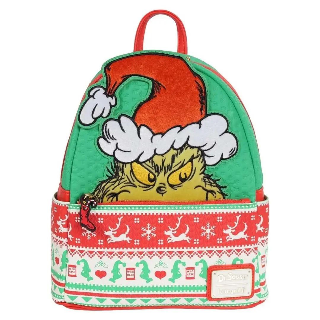 The Grinch Mini Backpack, Dr. Seuss Christmas Sweater Style Faux Leather with Velvet Appliqué & Fair Isle Print - Entertainment Earth Exclusive, Cartoon Character, Collectibles, Holiday, Compact, Mini Backpacks, Christmas Events, Rubber Zipper, 9.5" L X 1