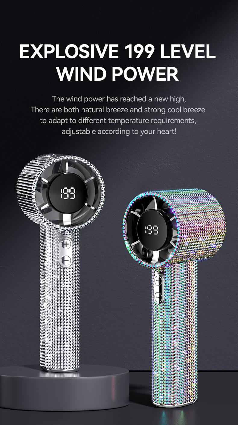 Portable Handheld Turbo Fan - Fashion Full Diamond Rechargeable Personal Battery Operated Mini Small Pocket Mini Fan for Travel/Outdoor/Vacation/Beach/Outdoor Activities
