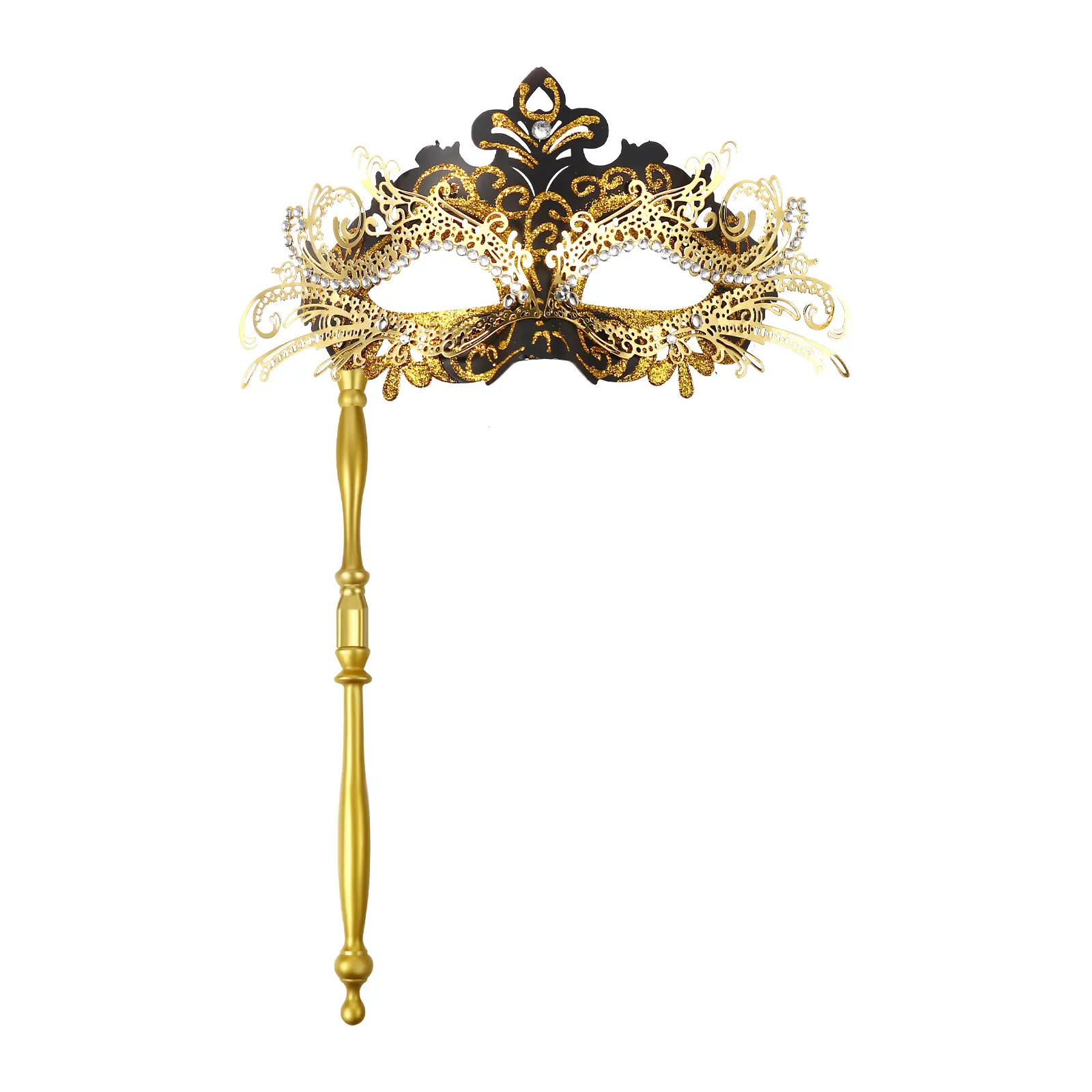 Gold & Black Venetian Masquerade Mask for Women, Stick-Held Hollow Metal Design with Rhinestones for Halloween Parties, Party Supplies, Halloween Mask, Carnival, Venetian Mask