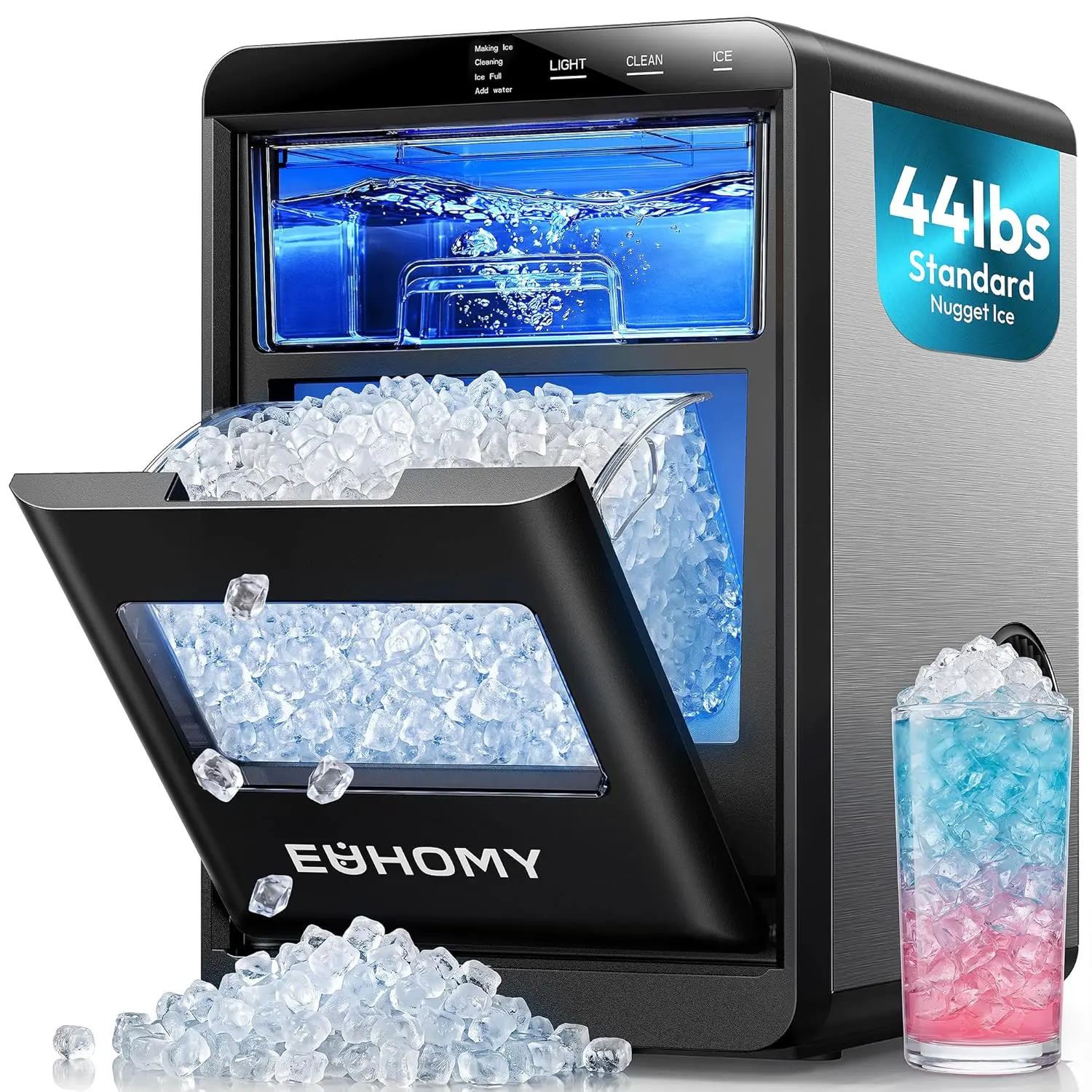 Euhomy Nugget Ice Maker Countertop, 44Lbs/24H Pebble Ice Maker Machine, Self-Cleaning Pellet Ice Machine with Ice Scoop&basket, Sonic Countertop Ice Machine for Home/Kitchen/Office(Black),home essentials