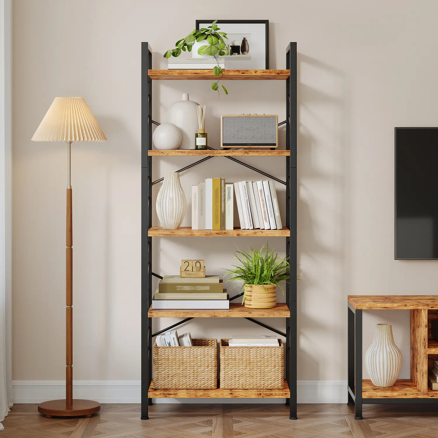 Raybee Multipurpose Bookshelves, Decor Shelf, Industrial Five-Tier Corner Bookshelf, Modern Display Bookcase with Metal Frame Sidebars & Adjustable Feet for Bedroom, Living Room and Home Office, Rustic Brown, Black #TikTokShopBackToSchool