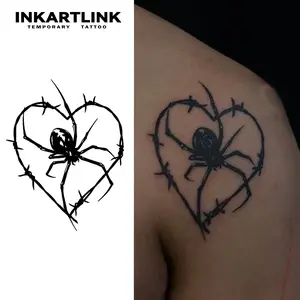 INKARTLINK [2 Sheets] Gothic Barbed Wire Heart & Spider Temporary Tattoos, Dark Aesthetic Punk Fake Tattoo, Waterproof Body Art