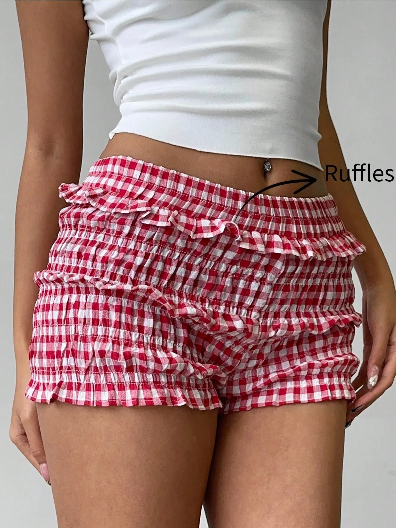 Women's Casual Red and White Checkered Gingham Shorts - Low Waist, Elastic Waistband, Ruffled Trim, Bow Detail, Unlined, Size M