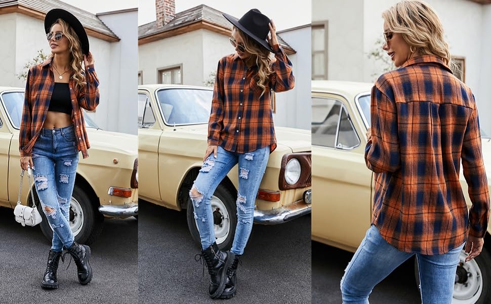 Goranbon Womens Long Sleeve Button Down Shirt Casual Plaid Flannel Shirt Collared Blouse Tops， Wine Red， XX-Large