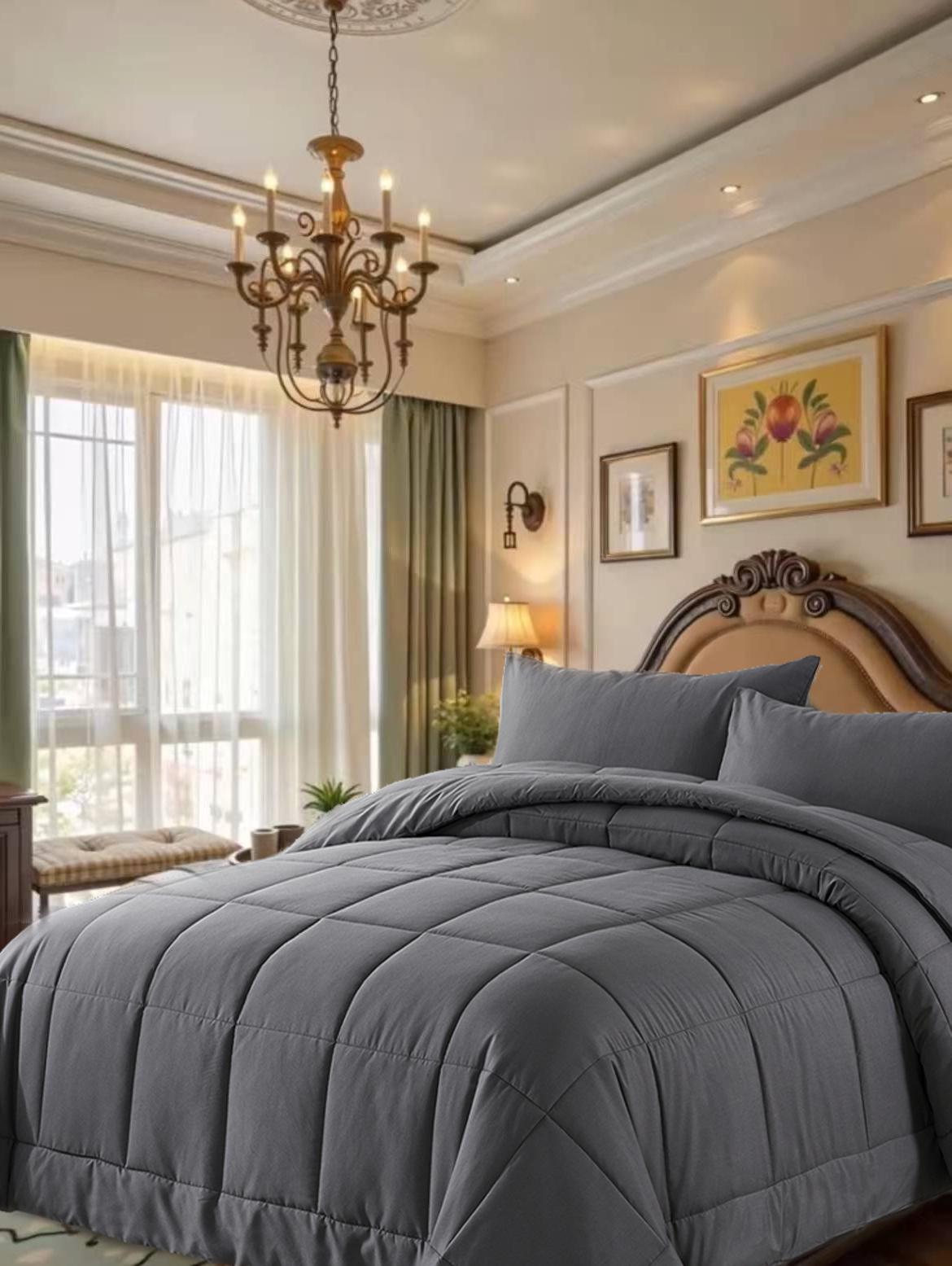 DOWNCOOL 3pcs Lightweight Comforter Set for All Seasons, Bed in a Bag with 1 Comforter & 2 Pillowcases (Only 1 for Twin Size), Quilted Box-Stitch Design