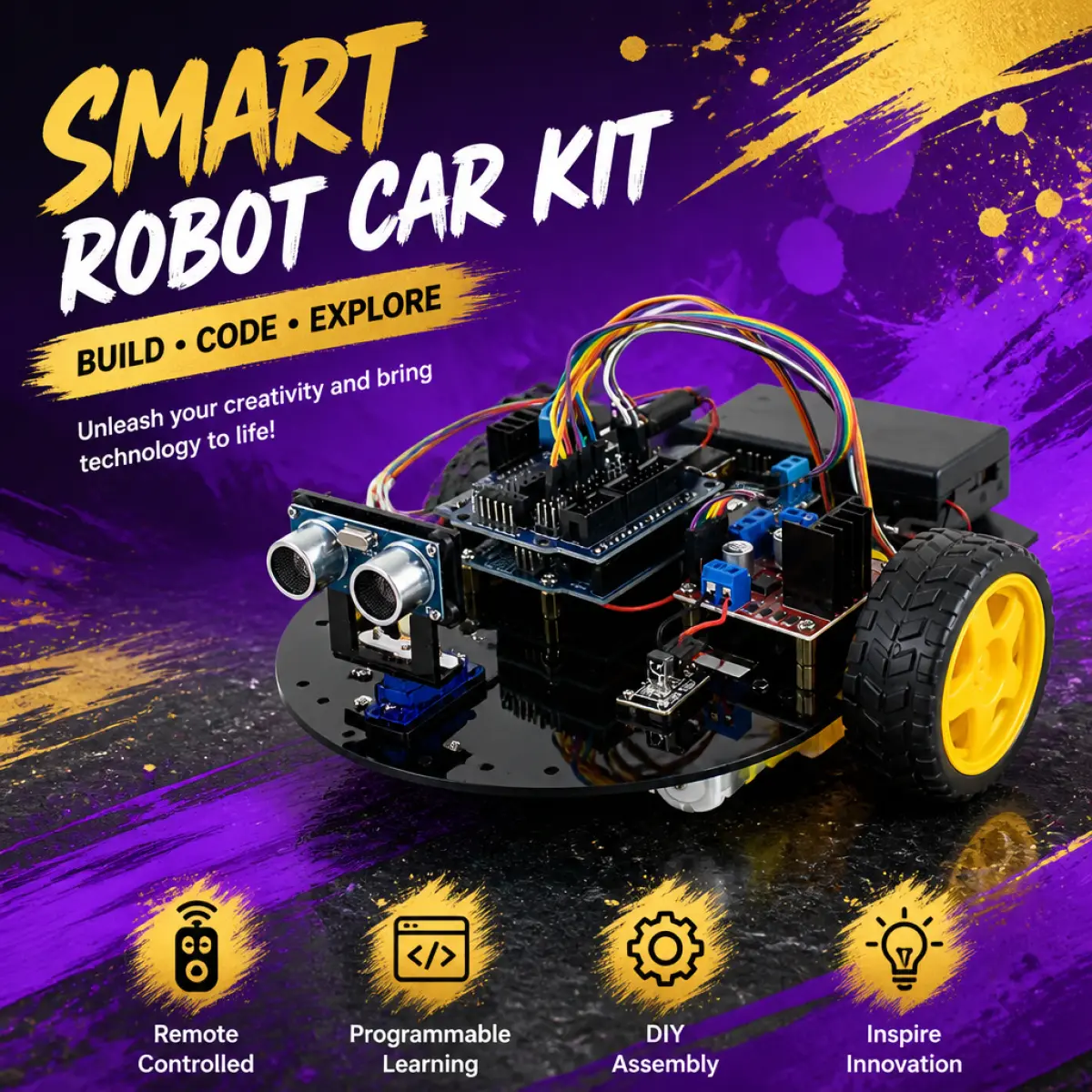 Robot Car Starter Kit for Beginners – Easy DIY Assembly, Arduino IDE Coding Project with Obstacle Avoidance, IR Control & Full Tutorials – Ideal STEM Gift