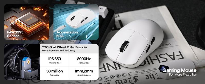 Aula SC800 Wireless Gaming Mouse, 250mAh Battery, 8k Polling Rate, PAW3395, Programmable Buttons, On-Board Memory, 37g Lightweight, Adjustable 26,000 DPI, PC/MAC/Linux