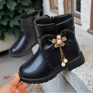 Girls' Winter Snow Boots with Bow & - Pink & White Lace-Like PU Upper, Warm Non-Rubber Sole, Zipper Closure Mid-Calf Boots Girls & Kids ( to) - Sparkling Snow &