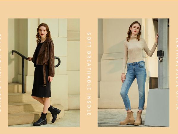 Athlefit Women's Chelsea Boots Fashion Lug Sole Chunky Heel Slip on Elastic Ankle Booties boots  women winter boots Shoes Casual Warm Faux Leather