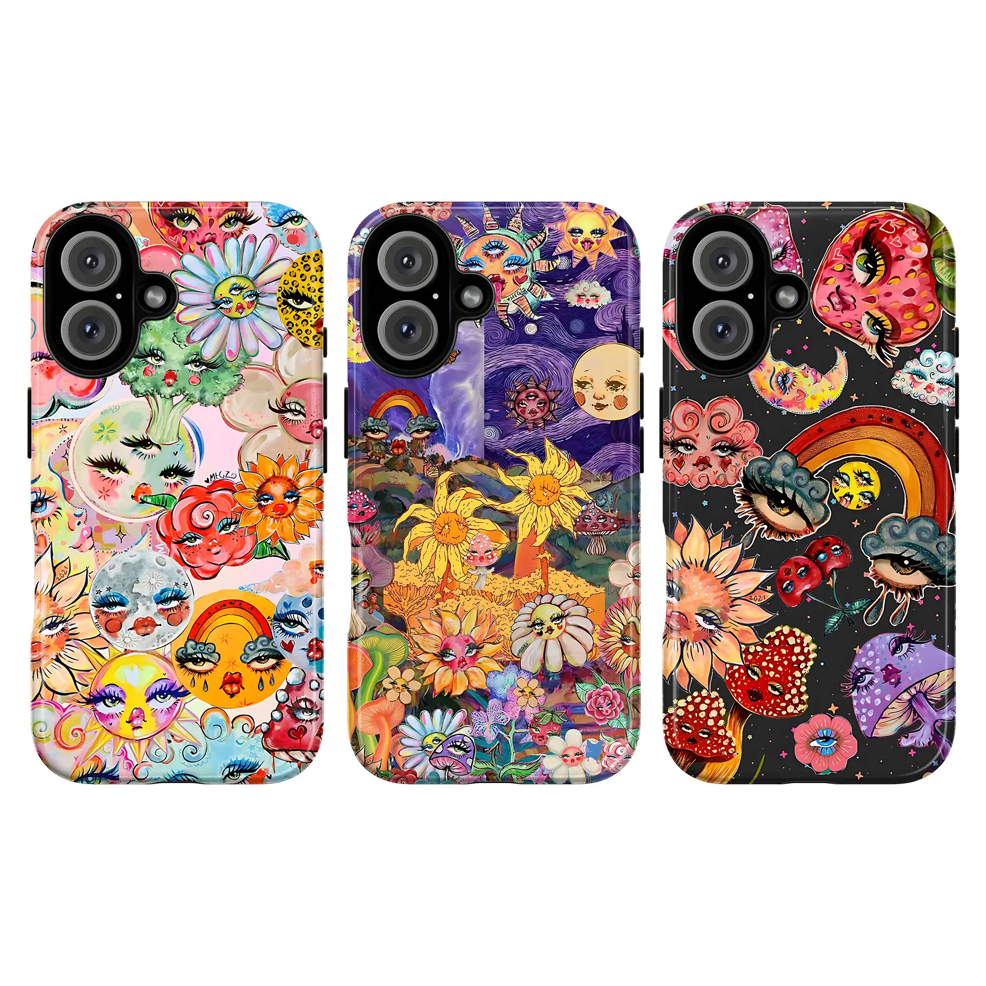 Whimsical Psychedelic Phone Case – Colorful Sun, Moon & Floral Face Art Design, Cute Trippy Cosmic Aesthetic Protective Cover, Compatible with iPhone 11, 12, 13, 14, 15 16 17 Pro Max & Samsung Galaxy S21–S24, Trendy Gift for Her & Him, Art Lovers