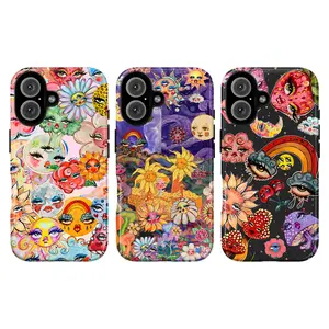 Whimsical Psychedelic Phone Case – Colorful Sun, Moon & Floral Face Art Design, Cute Trippy Cosmic Aesthetic Protective Cover, Compatible with for IPhone 17 Air 16 15 14 Plus 13 12 11 Pro Max  Samsung galaxy PLus Ultra 22 23 24 25 26 series, Art Lovers