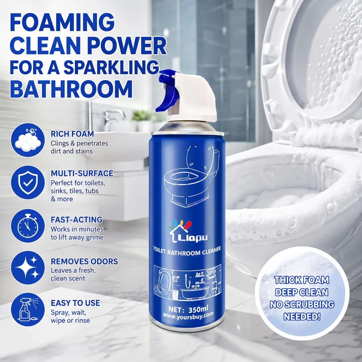 Liapu Toilet Bowl & Bathroom Foam Cleaner Spray, Multi-Purpose Bathroom Cleaning Foam for Toilet, Sink, Shower, Tile & Bathtub, Fast Cleaning Formula, Fresh Scent, 350ml