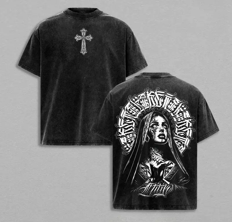 valentine shirts Praying Nun Vintage Washed Tee | Tattoo Art Inspired Streetwear | Glory Threads Faith & Grit Design | Gothic Cross Prayer Graphic Shirt | Urban Christian Aesthetic Tee Jesus Apparel Round Neck Crewneck