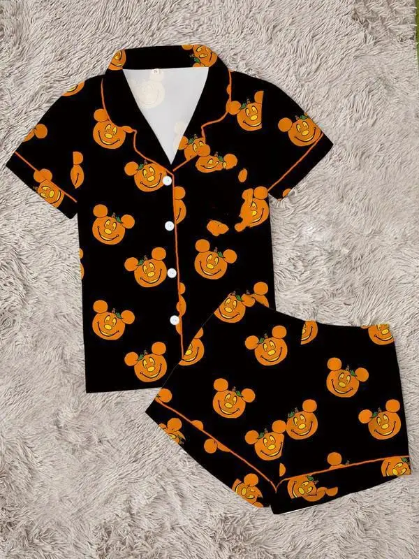 【Halloween】 Women's Halloween Cartoon Print Pajama Set, The shirt has no pockets, Cute Funny Sleepwear, 2-Piece Short Sleeve, Fitted, Above the Knee, All Seasons Gift