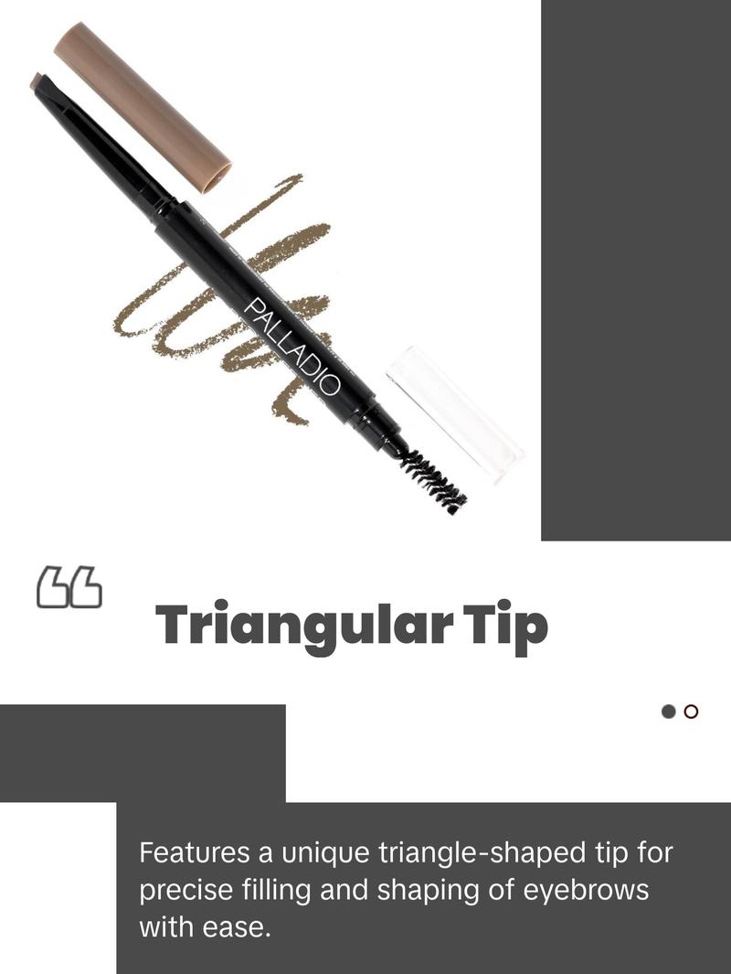 Palladio Brow Definer Retractable Pencil, Triangular Tip Fills Brows for a Natural Look, Tame and Shape Eyebrows with Spoolie Brush, Eyebrow Shaper, Buildable Light to Dark Colors