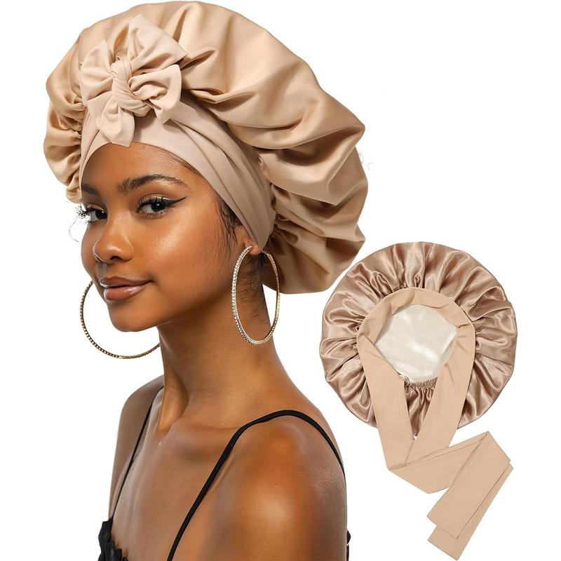 Large Double Layer Solid Satin Bonnets Silk Like Texture for Sleeping Cap with Elastic Band Reversible for Curly Hair Bonnets Gifts for Women Large Double Layer Solid Satin Bonnets Silk Like Texture for Sleeping Cap with Elastic Band Reversible for Curly Hair Bonnets Gifts for Women
