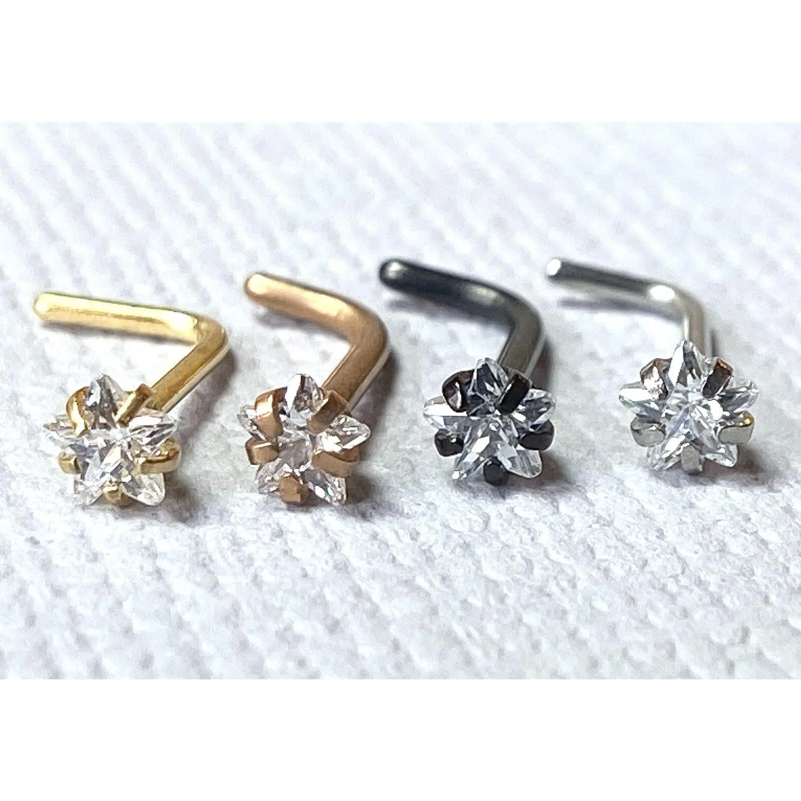1pc L-Bend Nose Ring w/ Prong Set Clear Star Gem Ion Plated 316L Surgical Steel