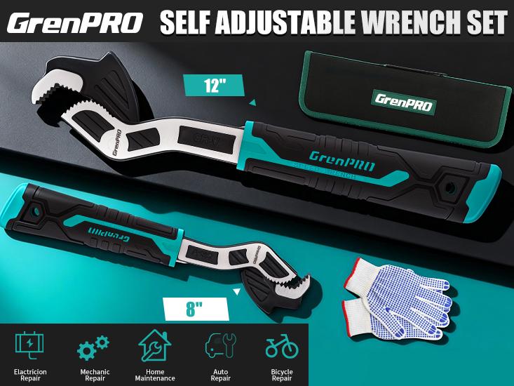 GrenPRO 2-Piece Industrial Grade Metal Ratchet Wrenches Set - 8" & 12" Adjustable Self-Locking Ratcheting Pipe Wrenches, Less Regripping Flexible Head Tools for Plumbing Repair, Faucet Installation