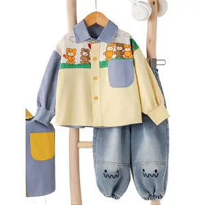 2pcs Bear Print Set Boys' Spring/Autumn Shirt & Faux Denim Suit Baby Color-Block Collar Top Baggy Pants for Kindergarten & Outdoor Play Outfits