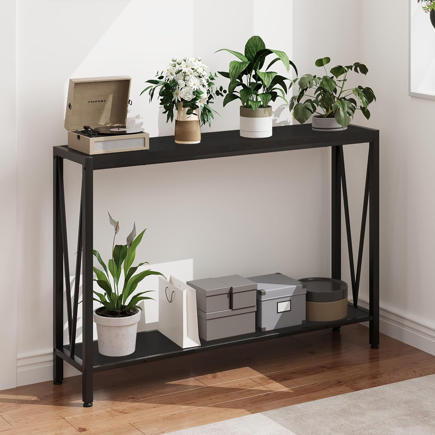 43.3 Inch Entryway Table with 2-Tier Shelves, Narrow Console Table for Hallway, Living Room Sofa Table, Modern Foyer & Entrance Way Table for Home Office Decor, Black