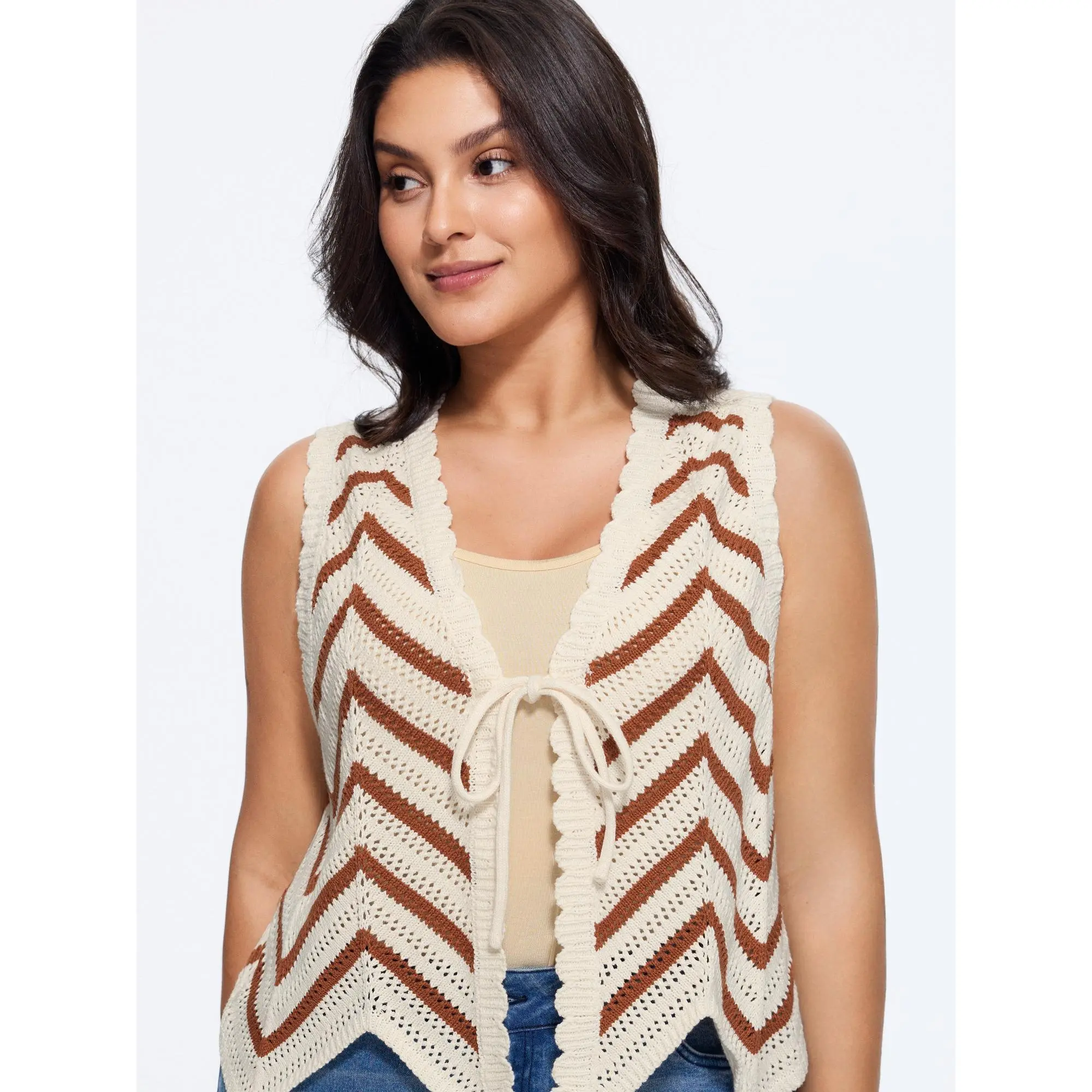 BloomChic Women's Plus Size Sleeveless Chevron Knit Sweater Vest - Scallop Edge, Front Tie, Flat Fit, 2026 Summer, Quality Fabric, Casual Top [M-6X],clothes for back to school,first day of school outfits