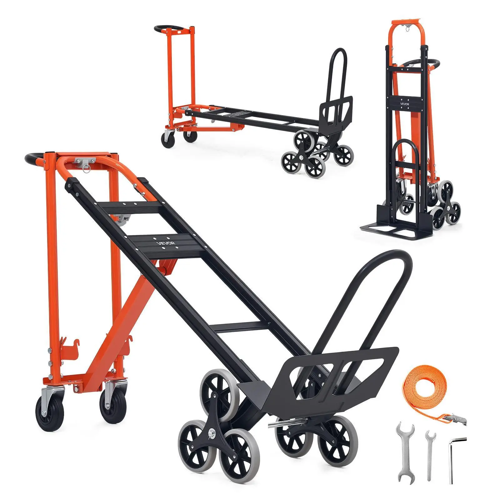 【SummerFinds】VEVOR 3 In 1 Industrial Stair Climbing Cart, Tri-Wheel Grip, Max Load 770 lbs, Compact Fold, High-Strength Frame for Tough Jobs, Hand Trolley Dolly with Handle & Wheels, Orange & Silver Home Improvement Utility Cart