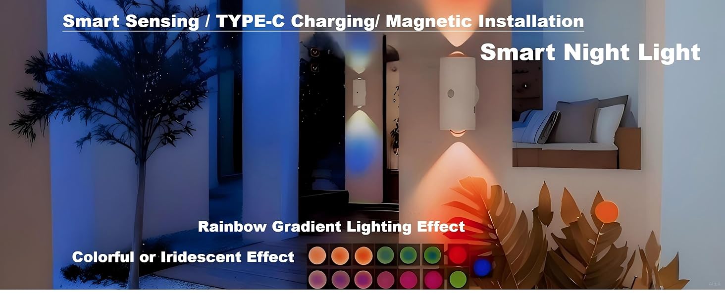 Rechargeable Smart LED Night Light with Motion Sensor – RGB Gradient Ambient Lighting, Dimmable Wall Lamp, Stick Anywhere Magnetic Design, Long Battery Life & Auto-On Mode, Ideal for Bedroom, Stairs, Entryway & Holiday Decor