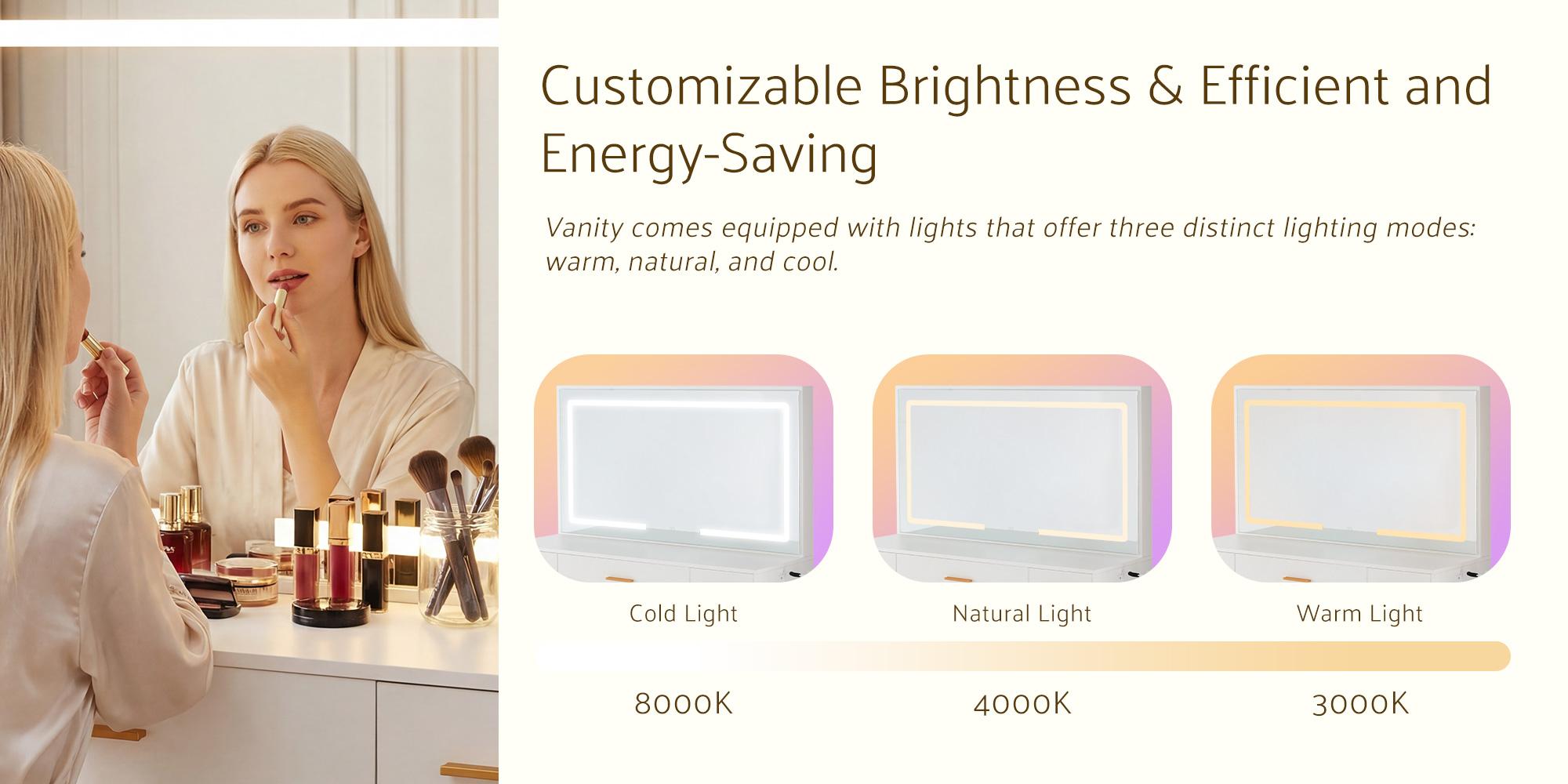 White Vanity Desk with Lighted Mirror & Power Outlet, Makeup Vanity with 3 Drawers, Holder for Bedroom Girls