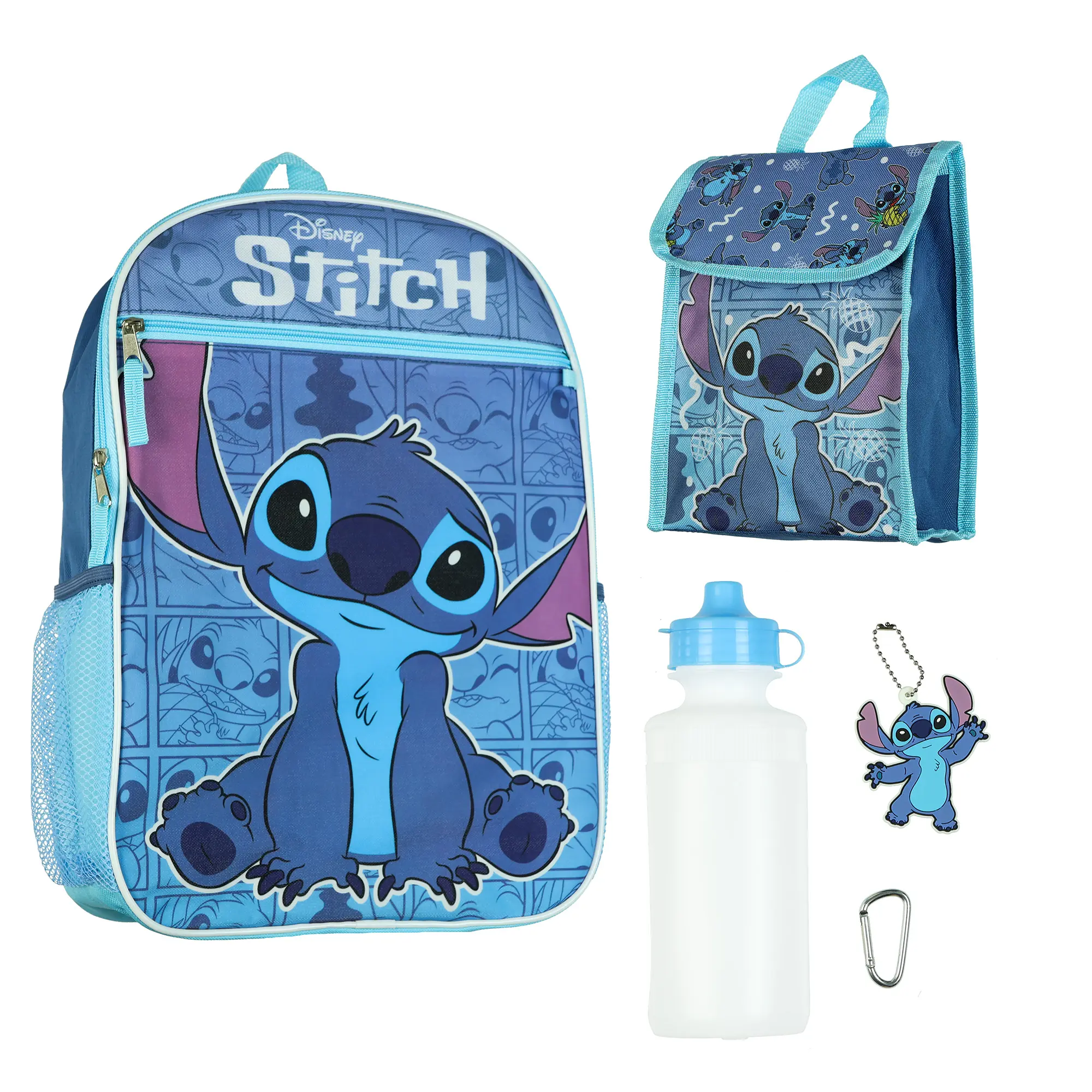 Disney Stitch Backpack 16" Shimmer Character 5 Piece Set Bookbag with Detachable Insulated Lunch Box and Rubber Charm